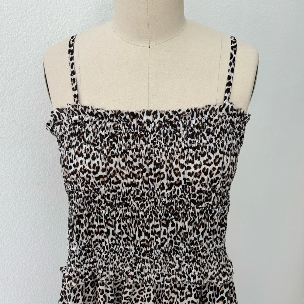 J Crew Smocked Maxi Dress NWT Cotton Voile Black Brown Leopard Print XL